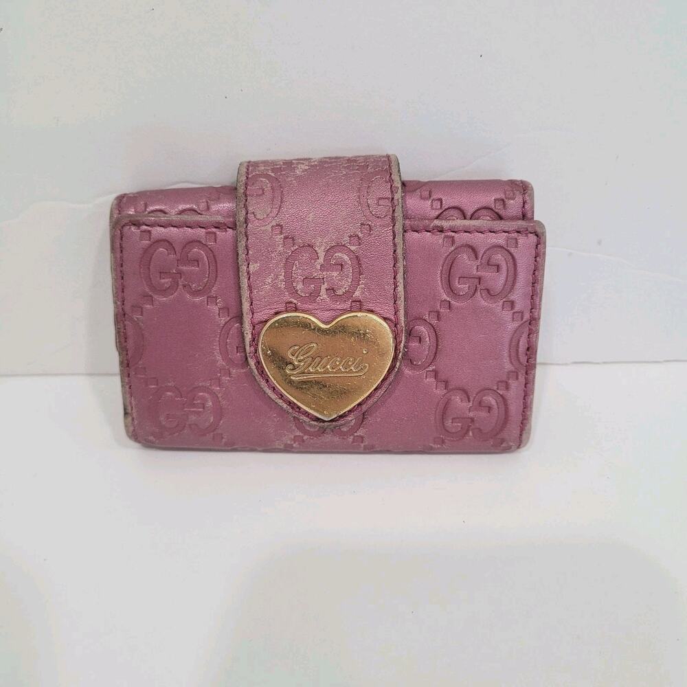 Gucci Heart Logo Key Holder Wallet Case Leather Small Purple Metallic Charm